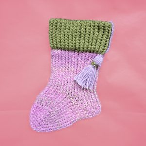 Medium Purple and Green Xmas Stocking with Tassel